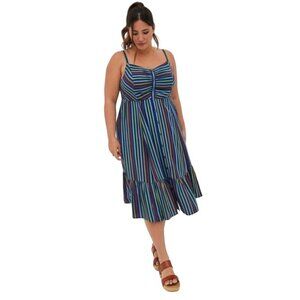 NWT Torrid Womens Dress Size‎ 0 Large Midi Challis Smocked Blue Striped A-Line